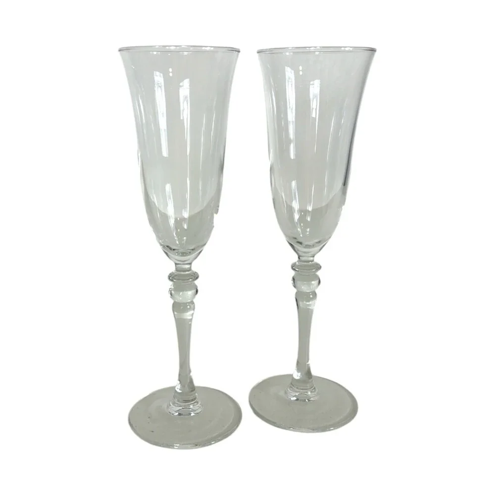 Vintage Clear Crystal Champagne Flutes Pair Trumpet Bowl Baluster Stem Glasses 2